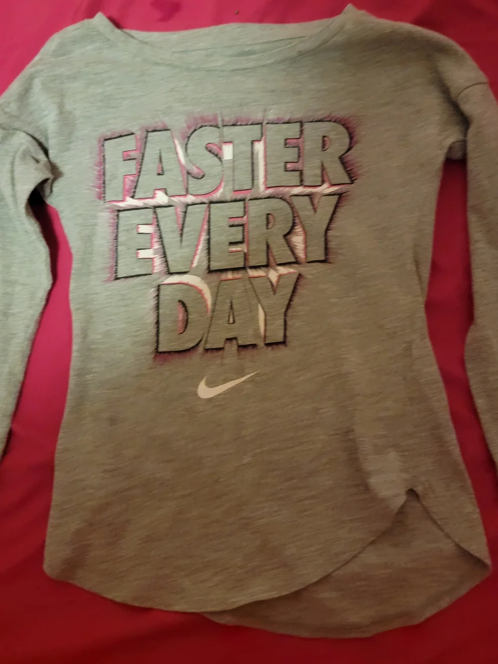 Nike Girls Gray Long Sleeve 'Faster Every Day' Top with Pink Accents
